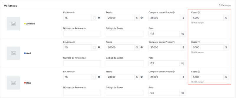 Campos para el costo de cada variante